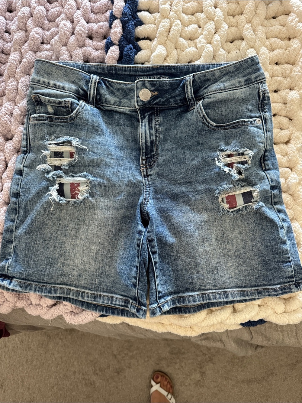 Maurices Blue Distressed Denim Shorts with Flag Patch Detail
